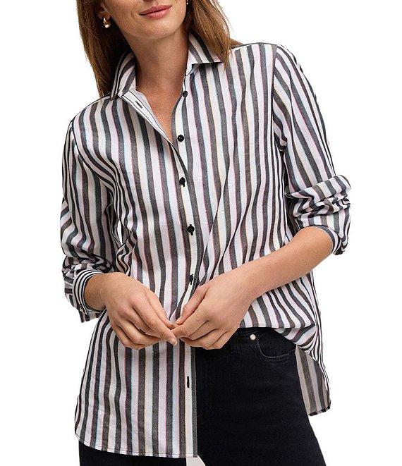 Foxcroft Frankie Stripe Collared Neckline Long Sleeve Top Product Image