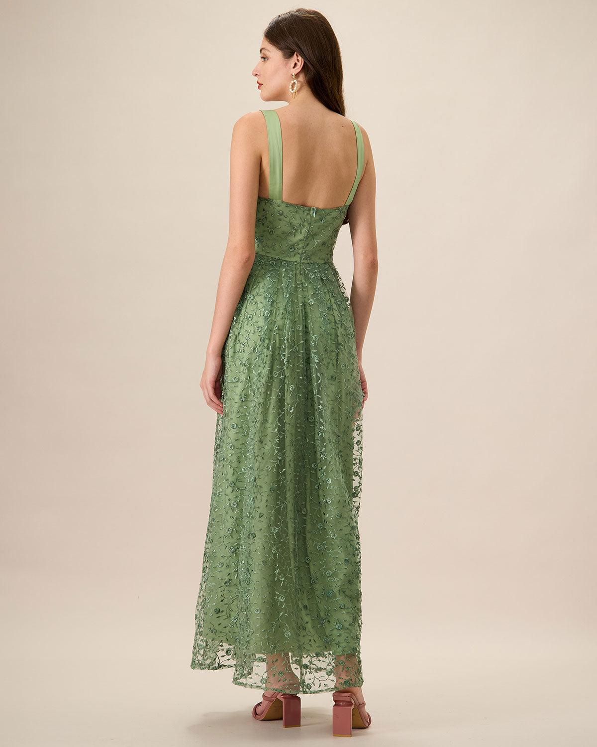 Women's Green Embroidery Mesh Slip Maxi Dress Female Product Image
