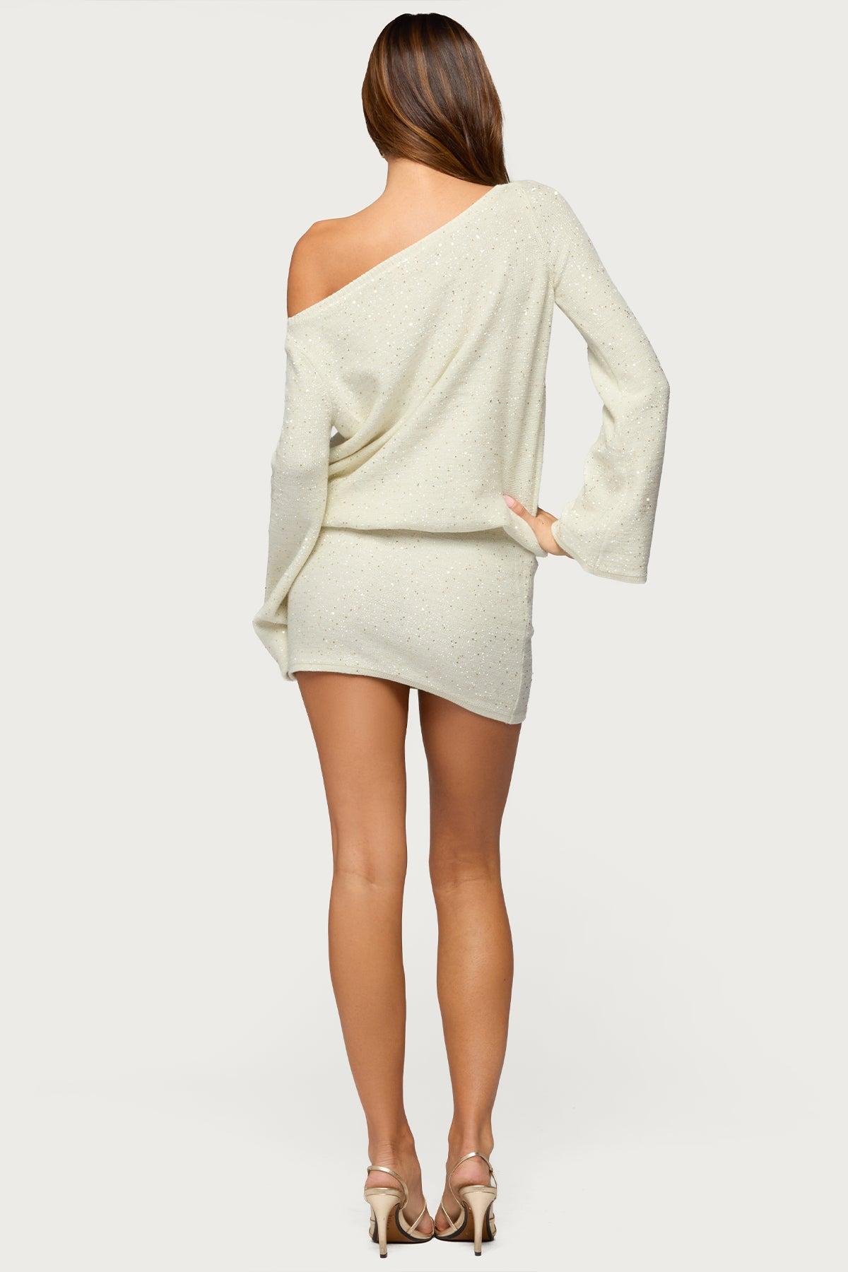 Off Shoulder Sequin Knit Mini Dress Product Image