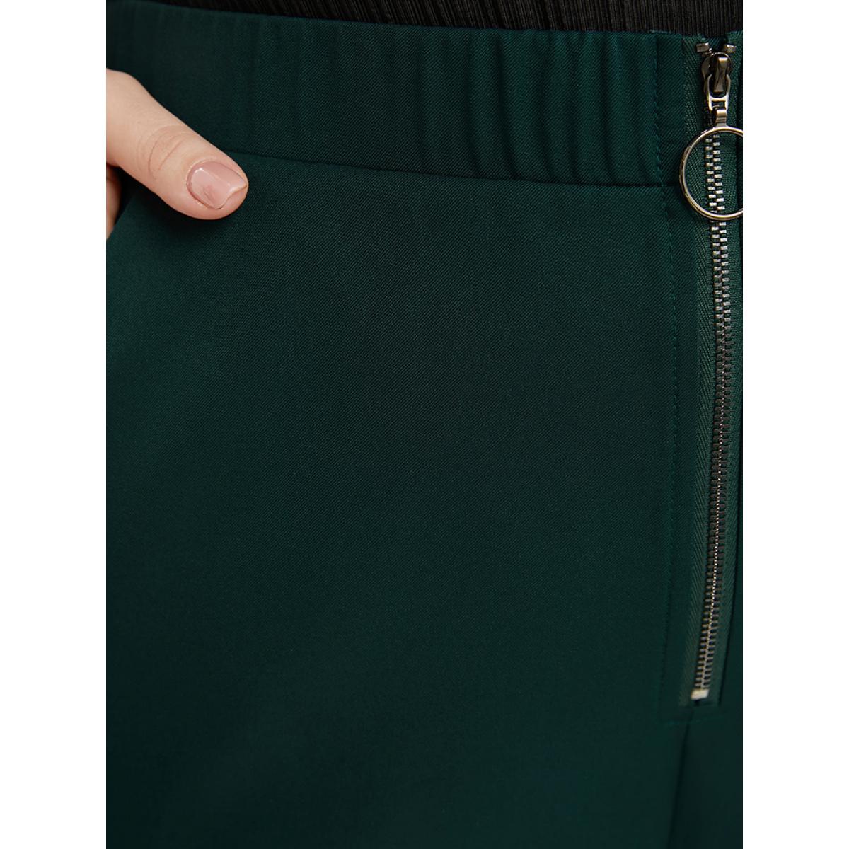 Plus Size Solid O Ring Zipper Pocket Elastic Waist Wide Leg Pants Women DarkGreen Office Wide Leg High Rise Office Pants BloomChic 26/4X Product Image