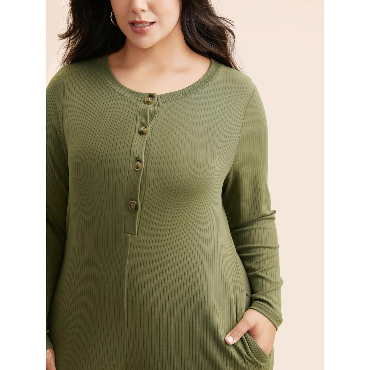Plus Size ArmyGreen Supersoft Essentials Front Placket Onesie Women Casual Long Sleeve Round Neck Everyday Loose Jumpsuits BloomChic 14-16/1X Product Image