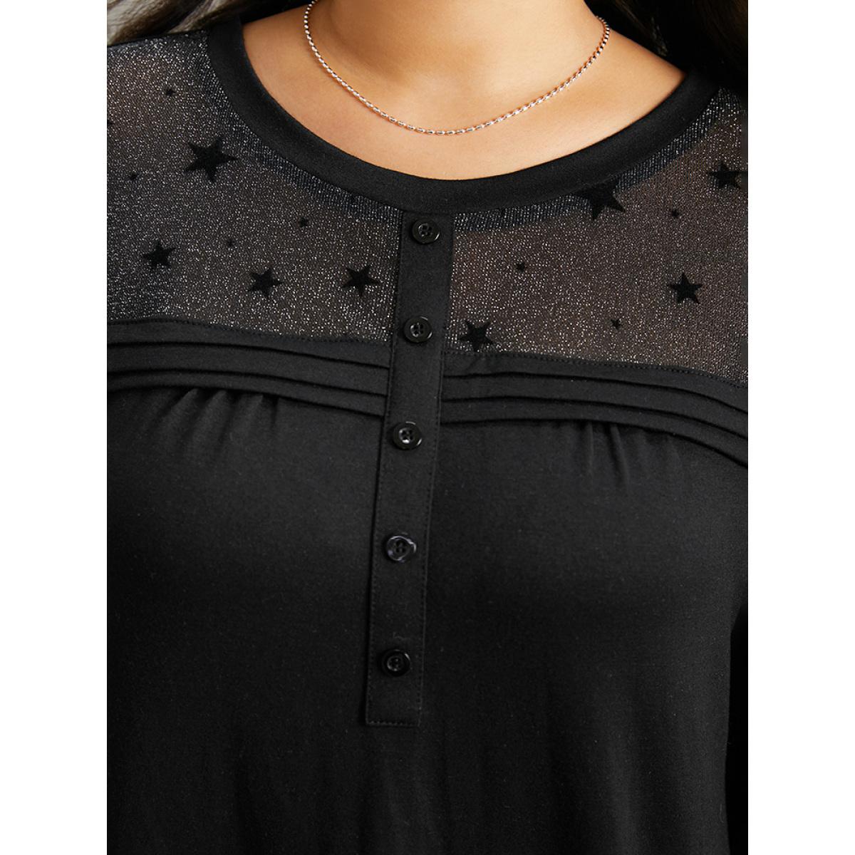 Plus Size Star Mesh Patchwork Button Detail T-shirt Black Women Elegant See through Moon and Star Round Neck Dailywear T-shirts BloomChic 10/M Product Image