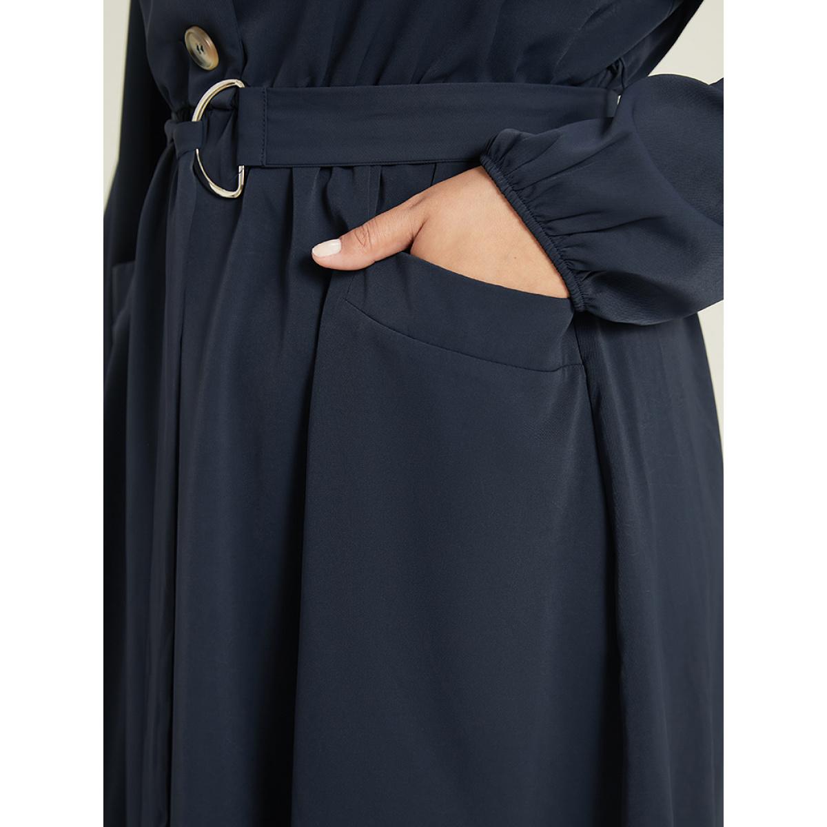 Plus Size Anti-Wrinkle Suit Collar Pocket Belted Shirt Dress Navy Women At the Office Gathered Suit Collar Long Sleeve Curvy Midi Dress BloomChic 10/M Product Image