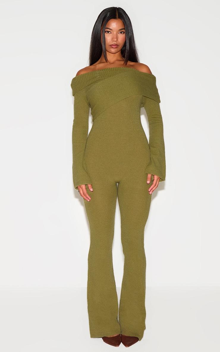 Olive Soft Knit Bardot Foldover Asymmetric Neck Jumpsuit Product Image