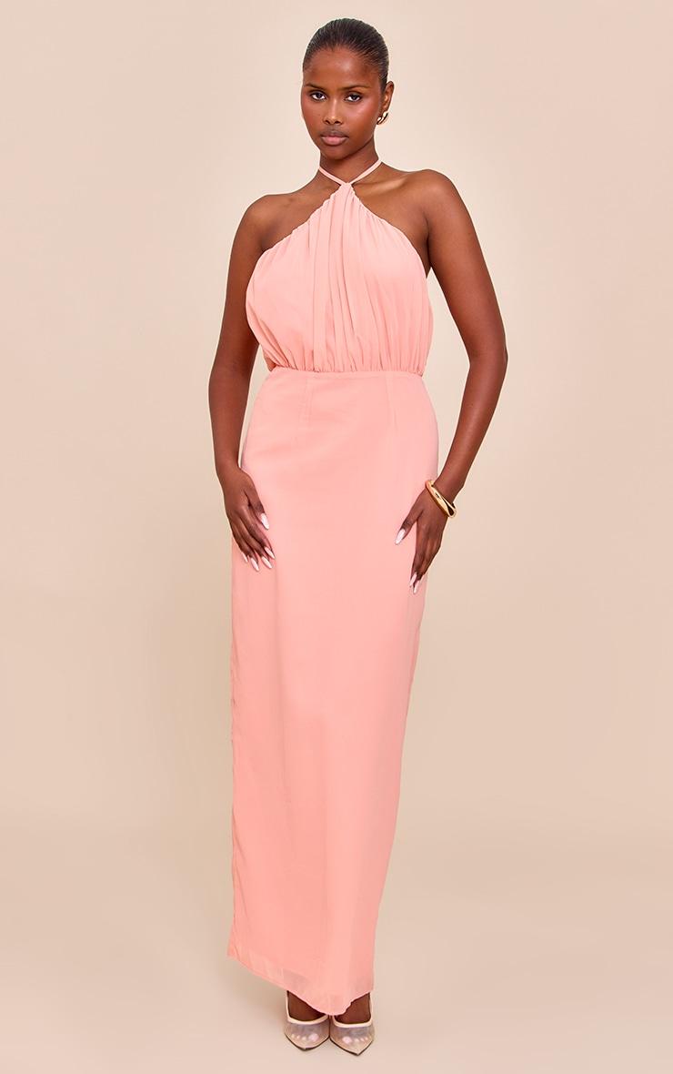 Peach Chiffon Halter Neck Maxi Dress Product Image