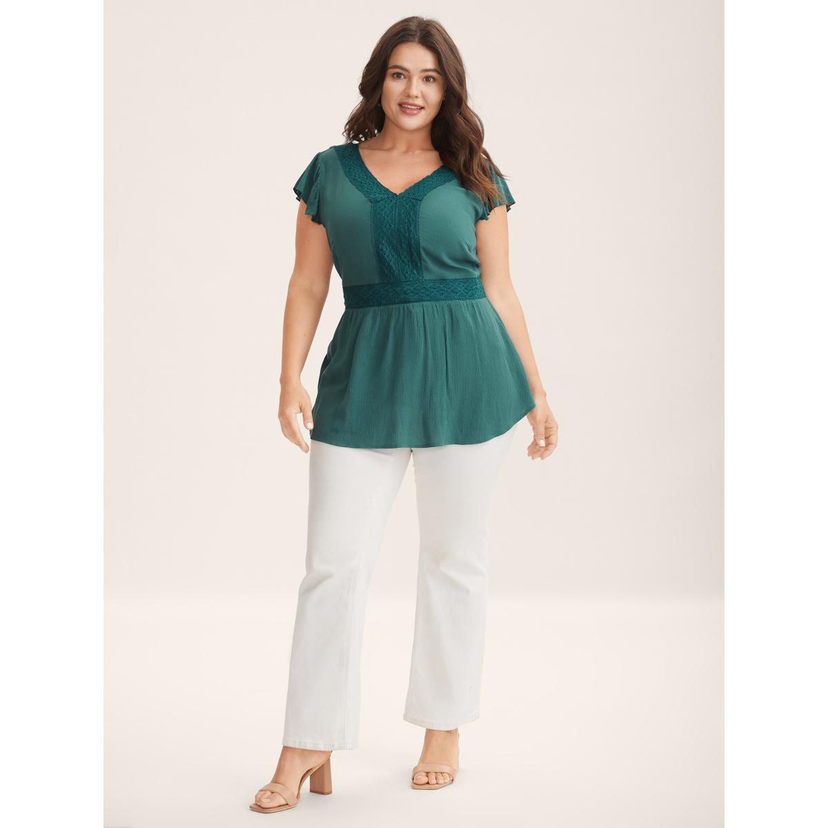 Plus Size Emerald Lace Trim Perfect-Fit Solid Blouse Women Cap Sleeve V-neck Elegant Blouses BloomChic 12/L Product Image