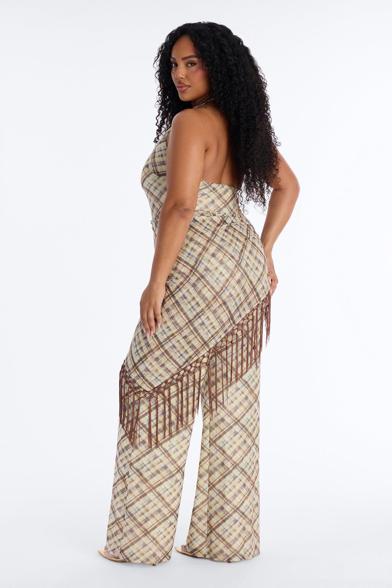 Ava Mesh Plaid Waist Scarf Jumpsuit - Brown Female Product Image