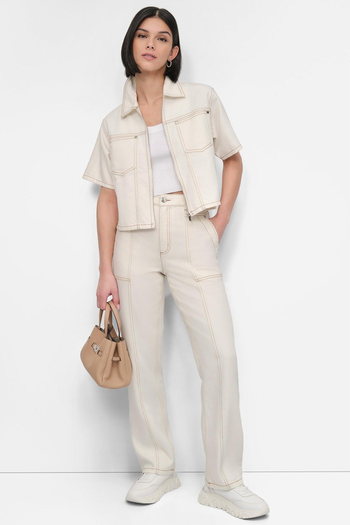 CROPPED ZIP-FRONT DENIM SHIRT Product Image