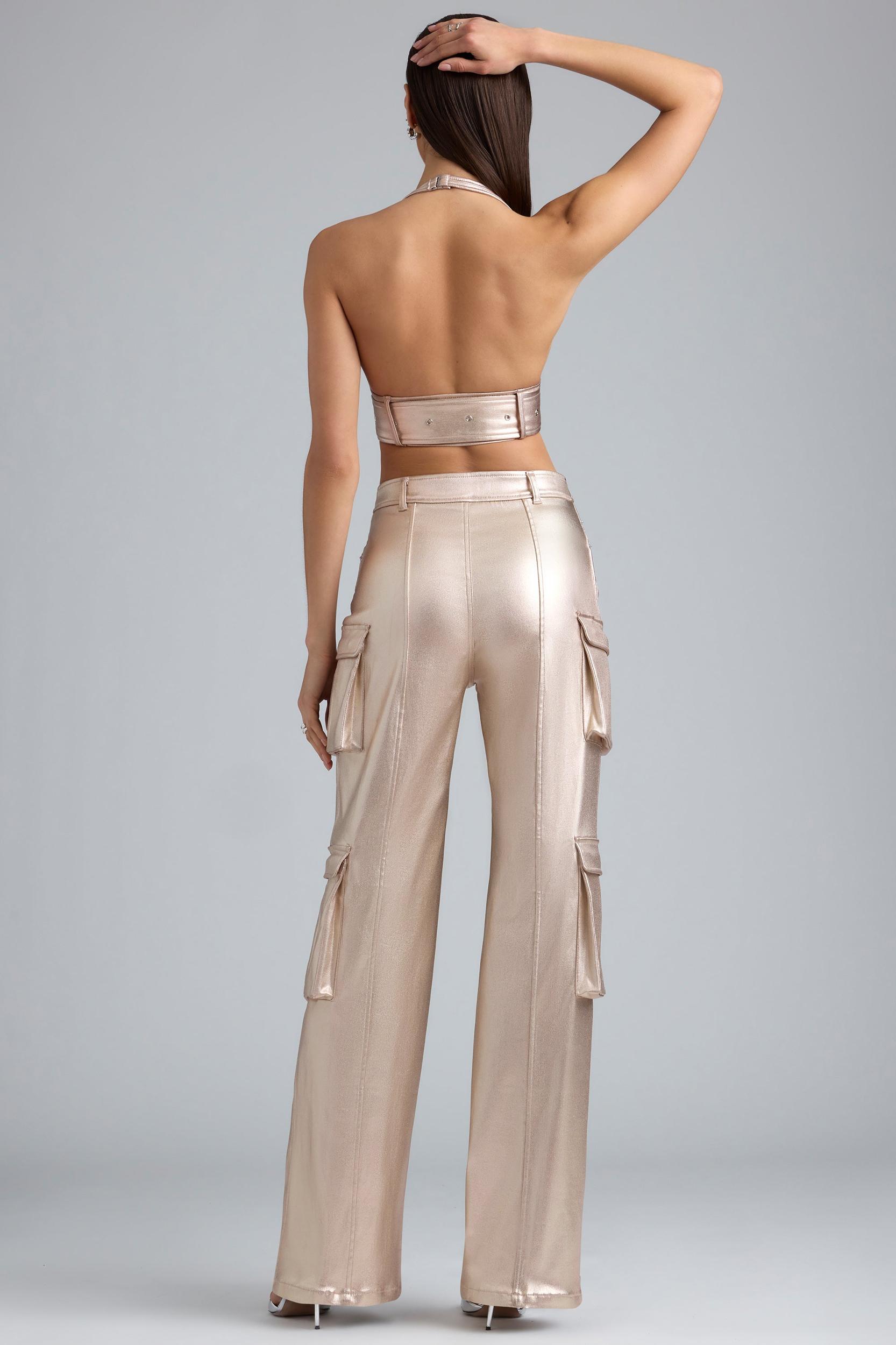 Metallic Denim Cargo Trousers in Champagne Product Image