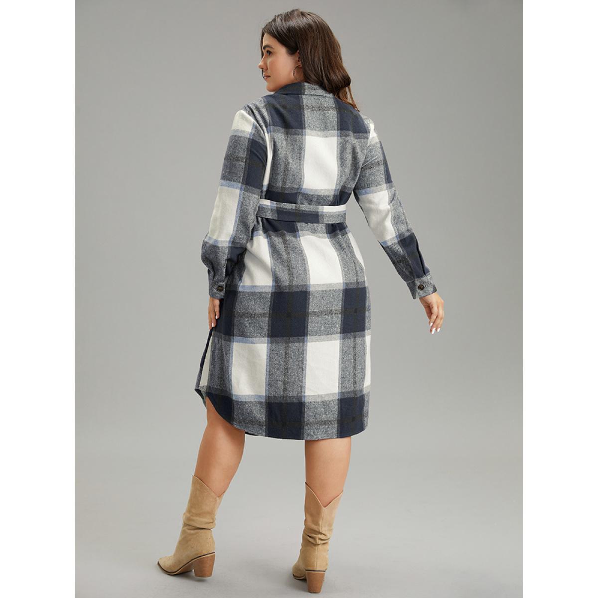 Plus Size Plaid Shirt Collar Button Through Belted Dress DarkBlue Women Casual Belted Shirt collar Long Sleeve Curvy Midi Dress BloomChic 30/6X Product Image