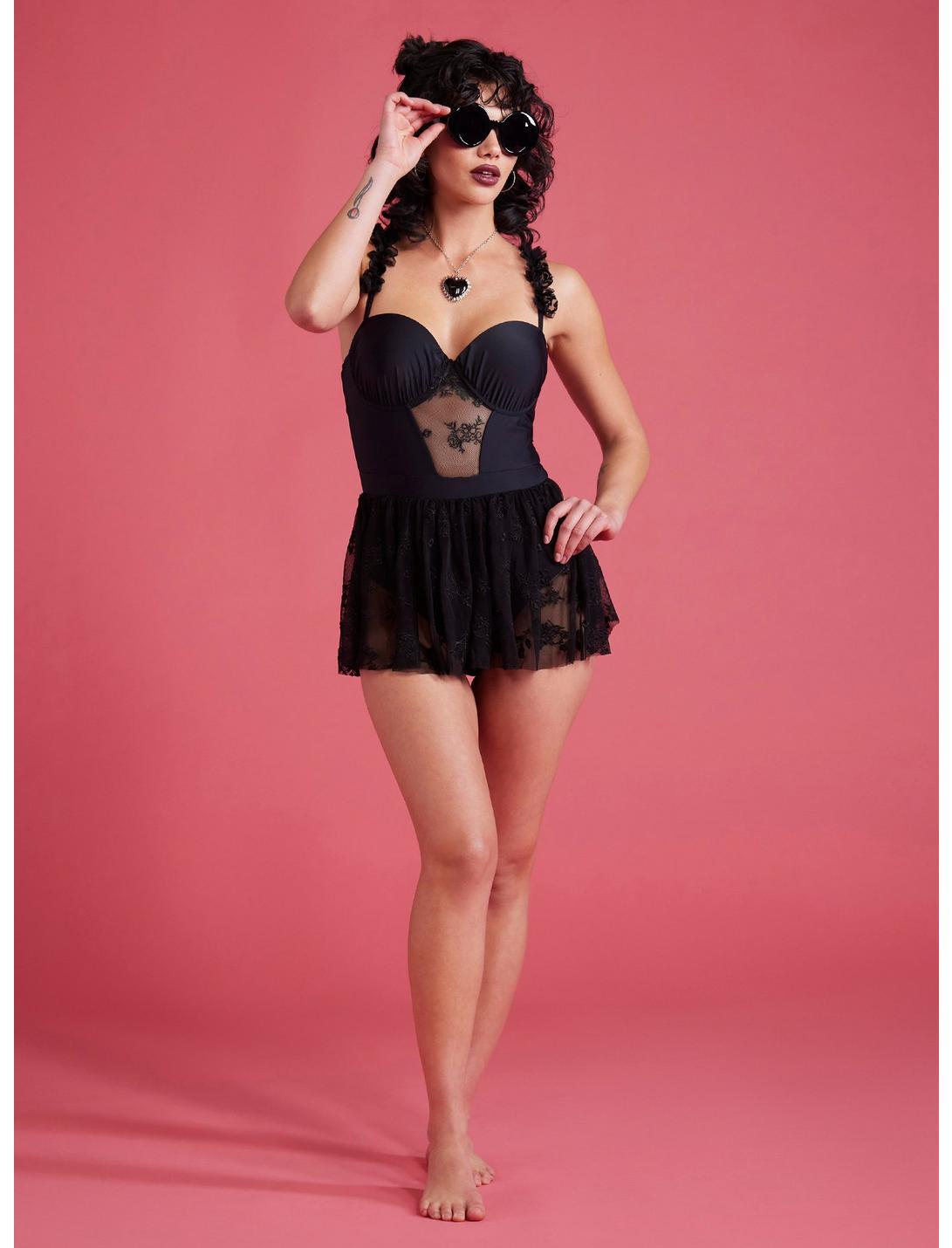 Black Rose Mesh Skirted Swimsuit Product Image