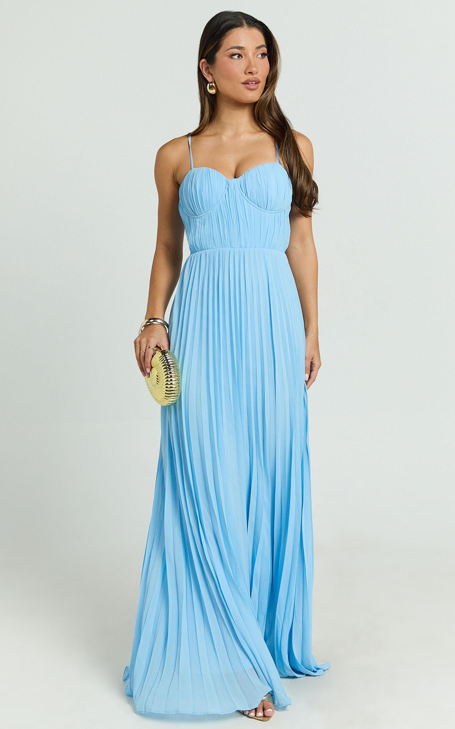 Dannika Maxi Dress - Blue Pleated Dress in Blue Product Image