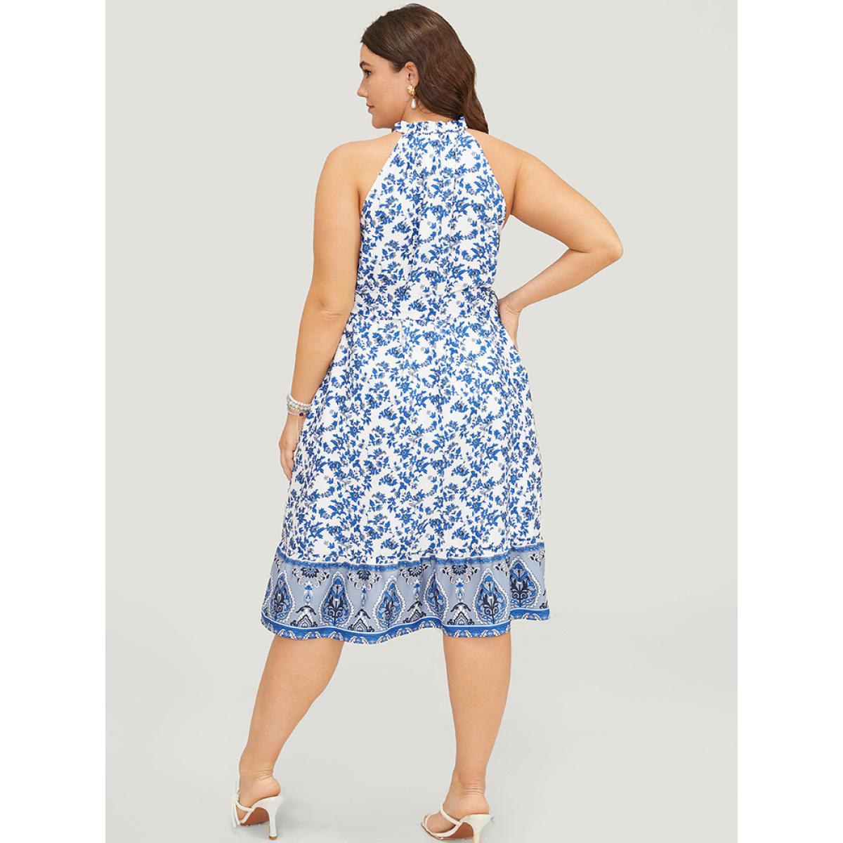 Plus Size Bandana Print Halter Ruffle Hem Pocket Belt Paisley Dress Indigo Women Vacation Belted Halter neck Sleeveless Curvy Knee Dress BloomChic 28/5X Product Image