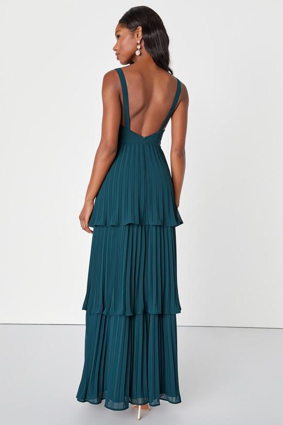 Luxe Perfection Emerald Green Pleated Tiered Backless Maxi Dress Product Image