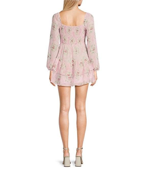 B. Darlin Printed Chiffon Long Sleeve Sweetheart Neck Ruffled Hem Dress Product Image