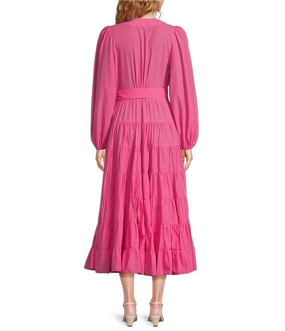 Gibson & Latimer Woven Poplin V-Neck Long Blouson Sleeve Tie at Side Wrap A-Line Flounce Midi Dress Product Image