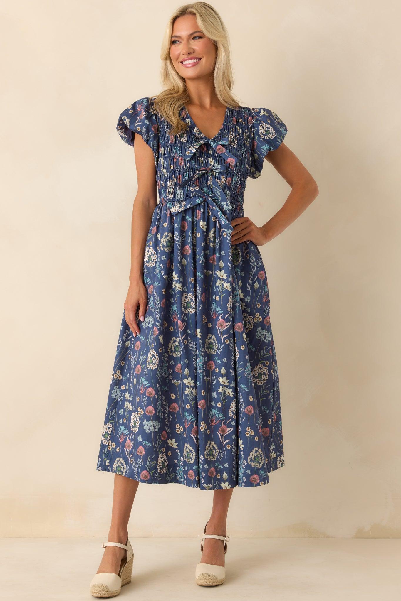 A Subtle Shift Dusty Blue Multi Floral Print Cotton Midi Dress Product Image