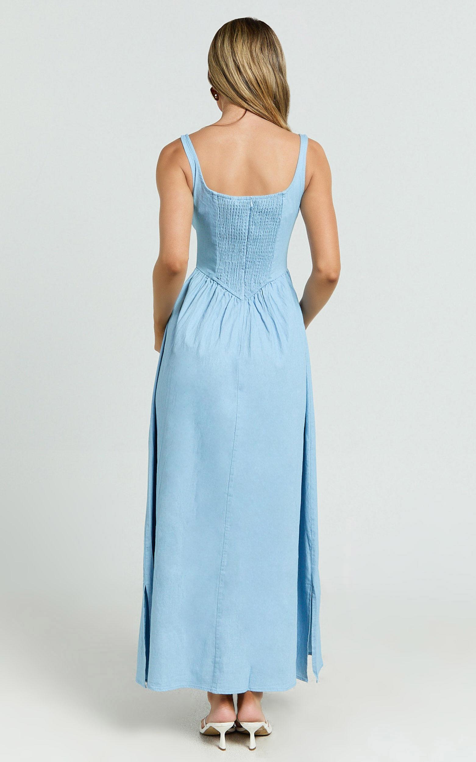 Rhaziya Midi Dress - Sleeveless Straight Neck Fit and Flare Dress in Blue Product Image