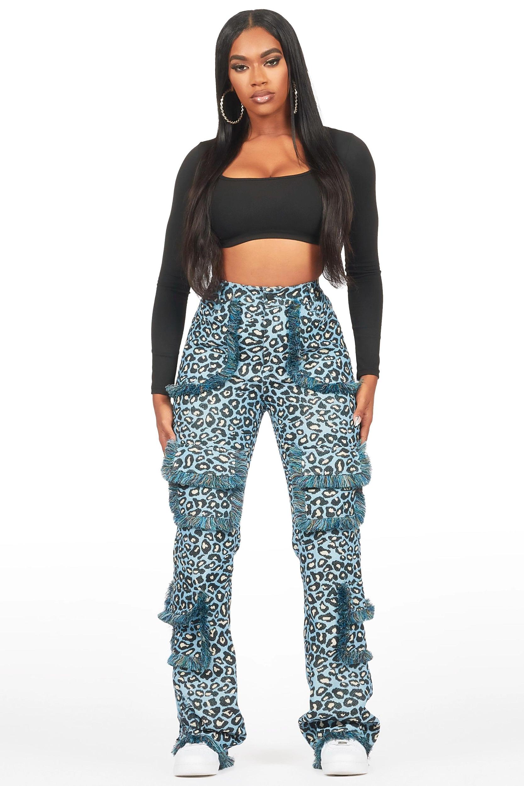 Jelissa Blue Cheetah Tapestry Stacked Pant Female Product Image