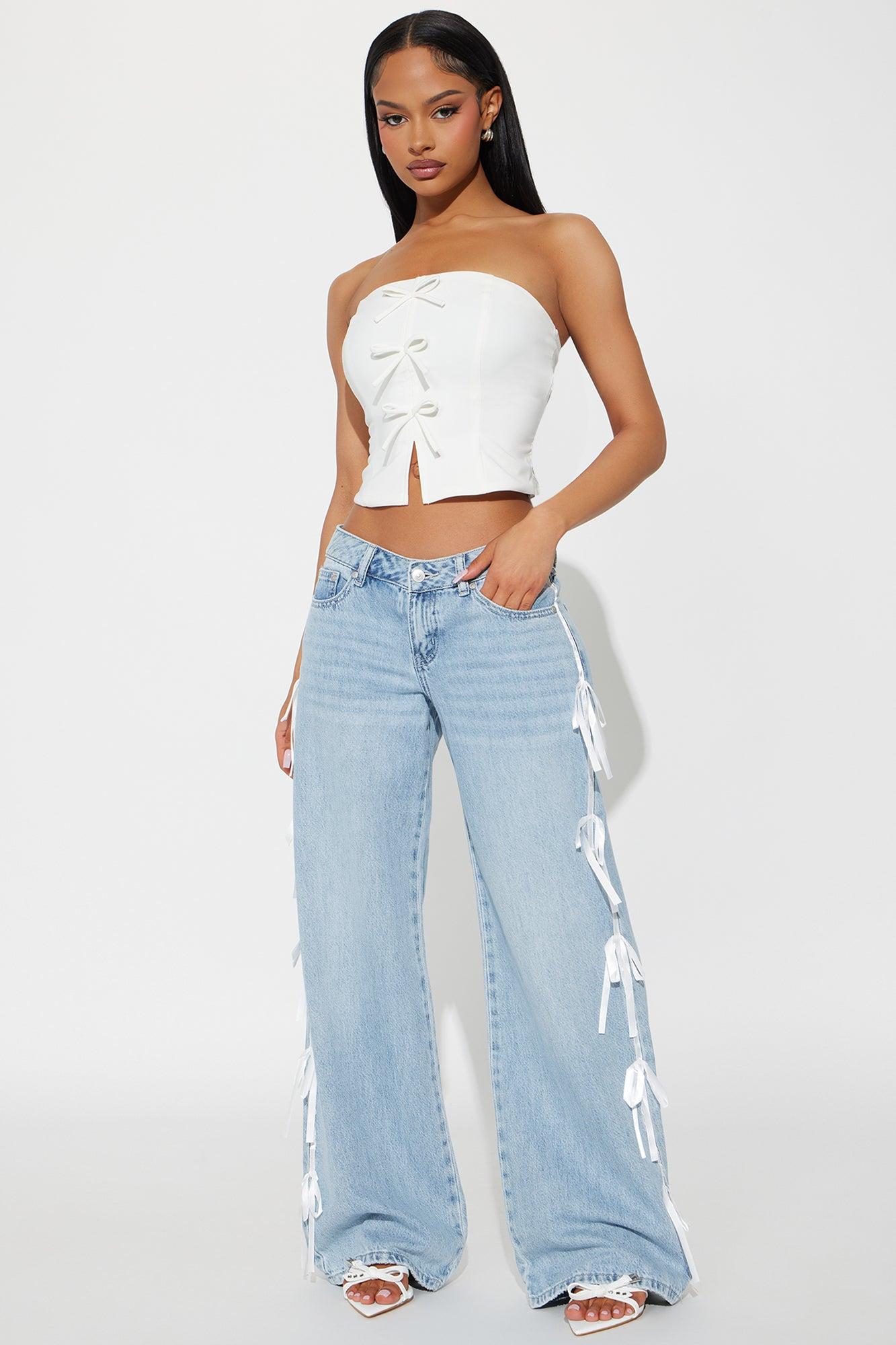 Rasine Non Stretch Bow Wide Leg Jeans - Medium Wash Product Image