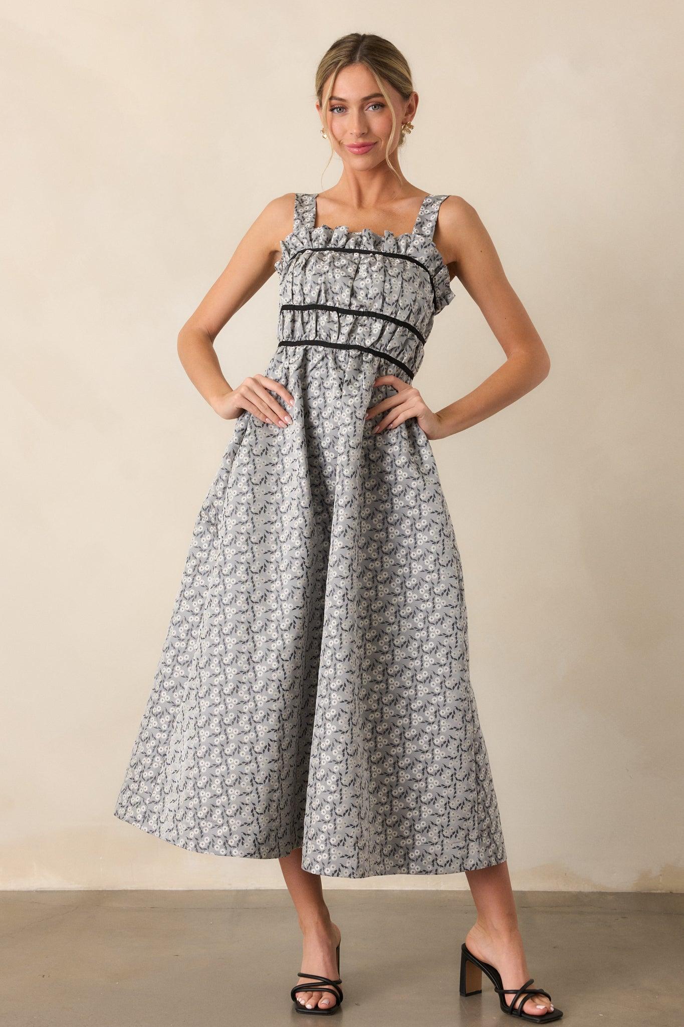 Moment In Time Light Grey Floral Midi Dress Product Image