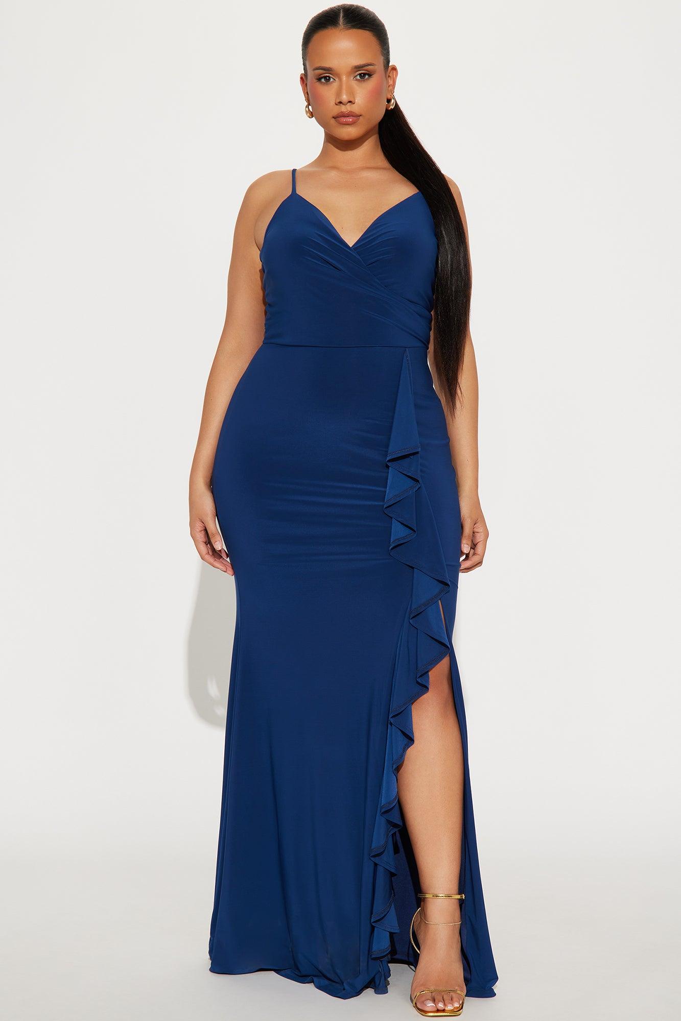 Hailey Ruffle Slit Gown - Navy Product Image