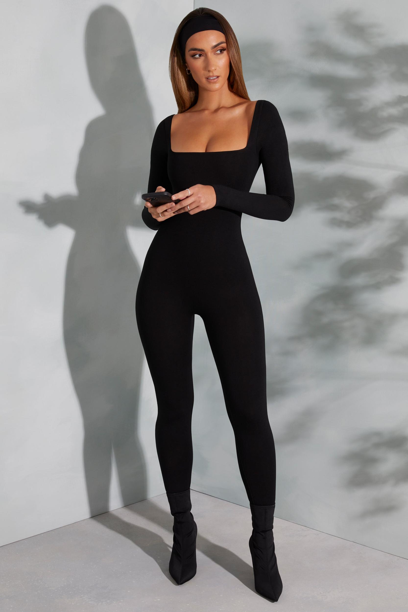 Square Neck Long Sleeve Jumpsuit in Black Product Image