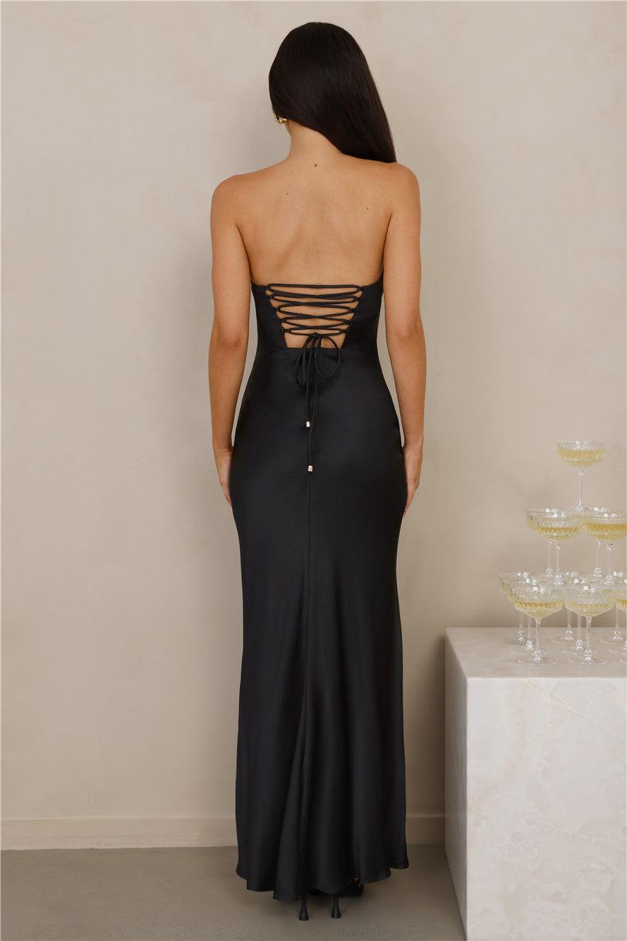 The Seraphina Strapless Satin Maxi Dress Black Product Image