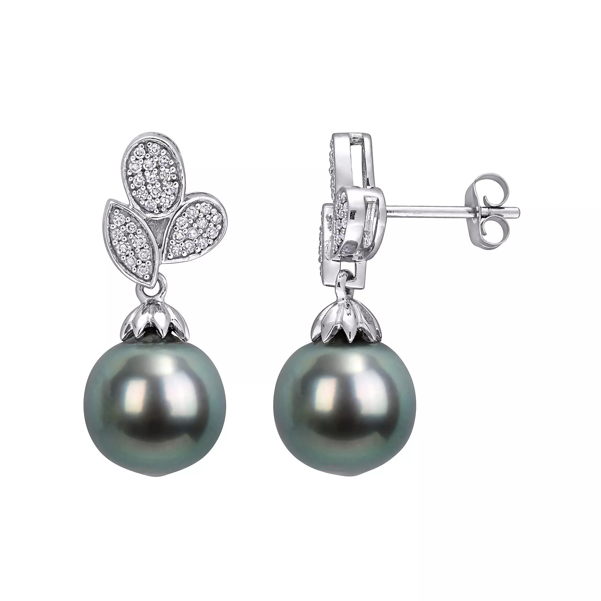Stella Grace 10k White Gold Tahitian Cultured Pearl & 1/5 Carat T.W. Diamond Floral Drop Earrings, Womens Product Image