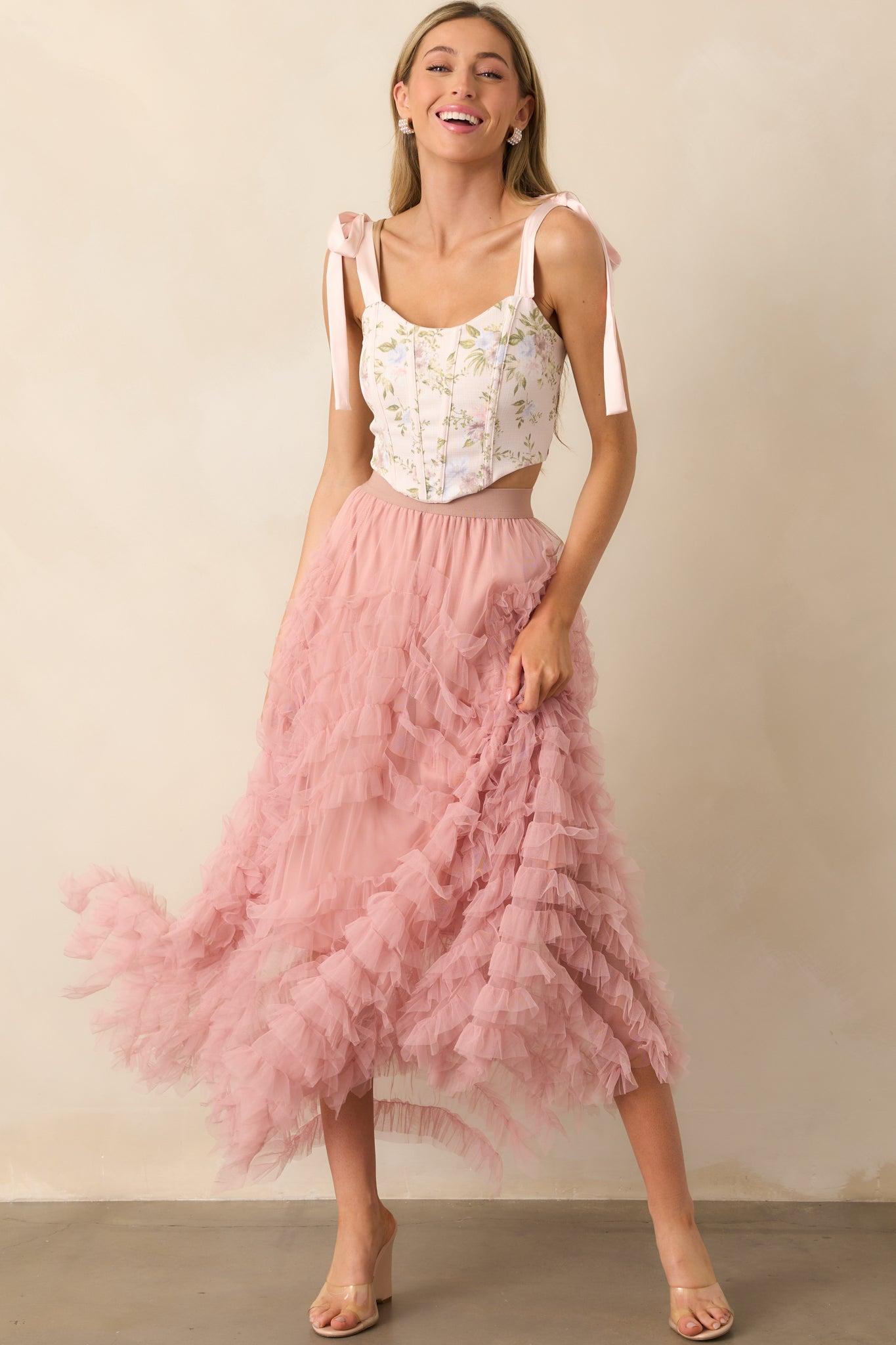 Shopping Spree Rose Tulle Midi Skirt Product Image