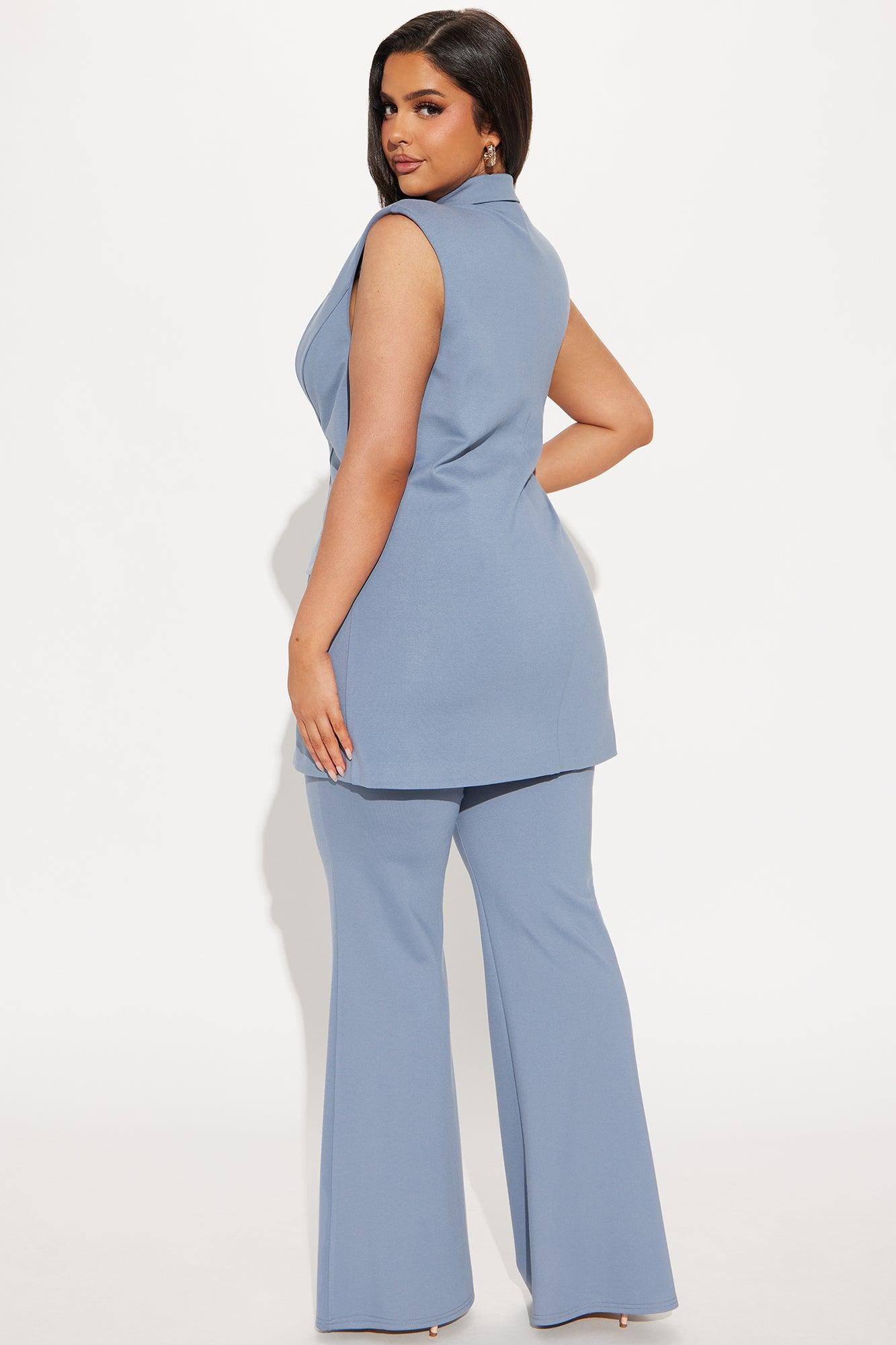 The Mia Double Lined Ponte Long Vest Pant Set - Dusty Blue Product Image