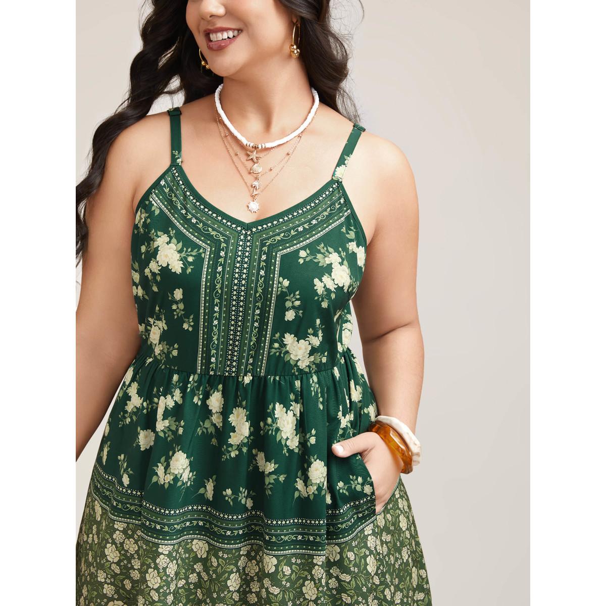 Plus Size Floral Print Off Sleeve Pockets Midi Dress DarkGreen Women Resort Non V-neck Sleeveless Curvy BloomChic 26/4X Product Image