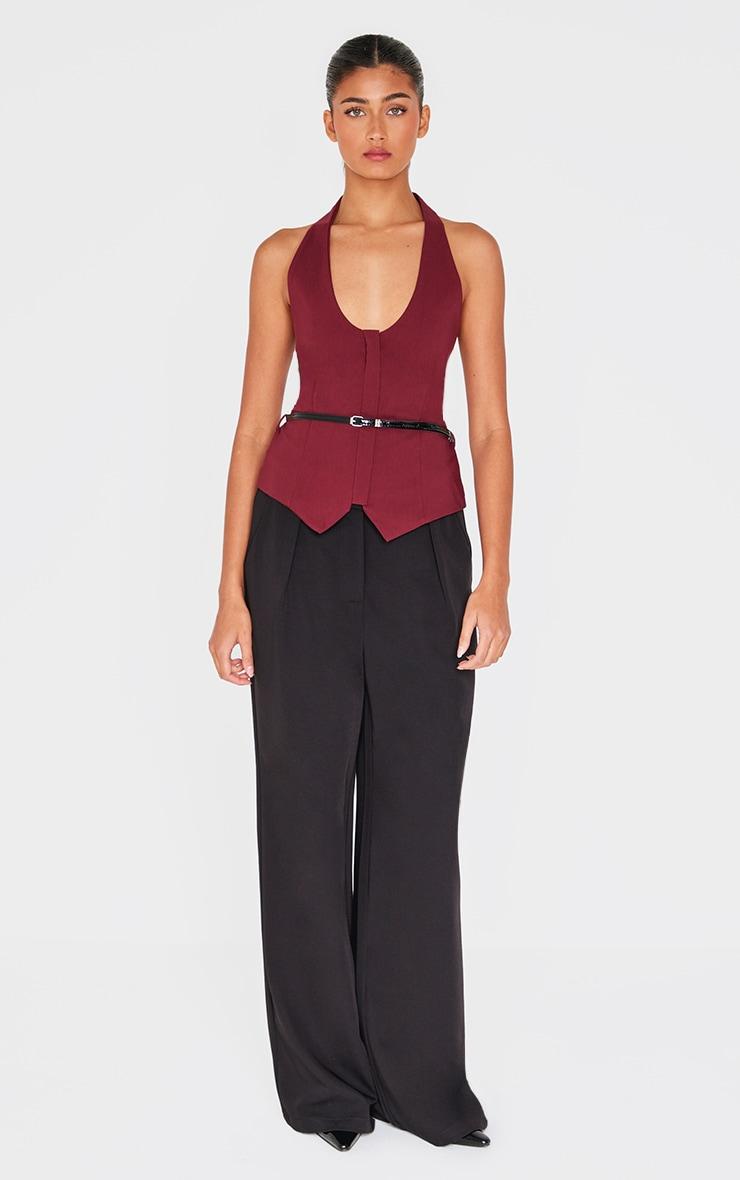 Burgundy Bengaline Belted Halterneck Long Top Product Image