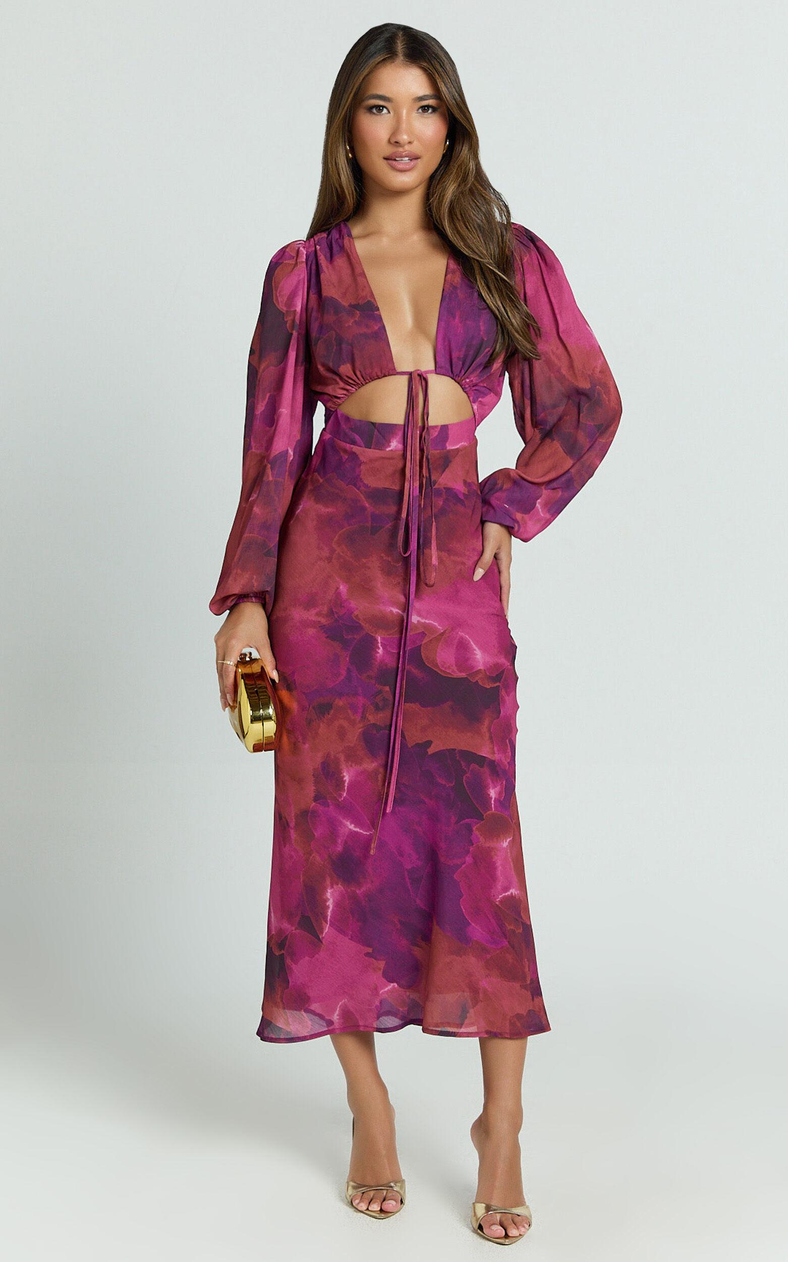 Artola Midi Dress - Front Cut Out Long Sleeve Dress in Blurred Dreams Product Image