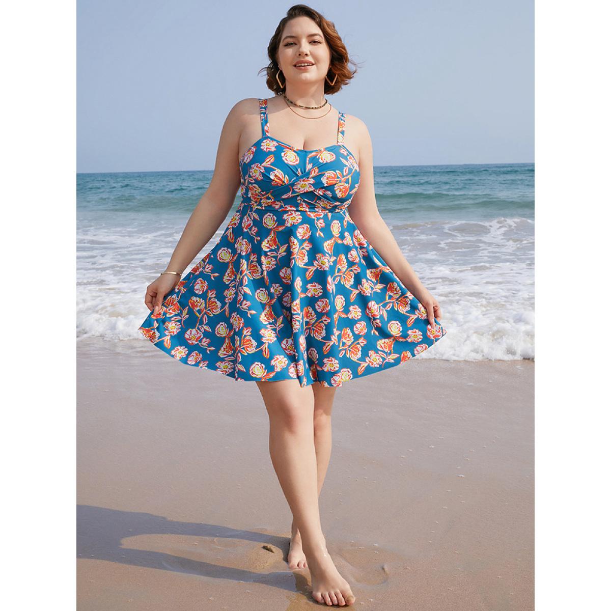 Plus Size Floral Contrast Crossover Front Ruffles Adjustable Straps Swim Dress Women's Swimwear Blue Vacation Bodycon High stretch Curve Swim Dresses BloomChic 28/5X Product Image