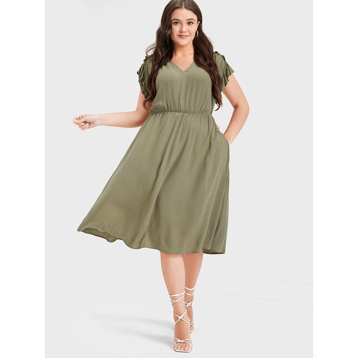 Plus Size Plain V Neck Ruffles Trim Pocket Knee Dress ArmyGreen Women Elegant Plain V-neck Cap Sleeve Curvy Midi Dress BloomChic 18-20/2X Product Image