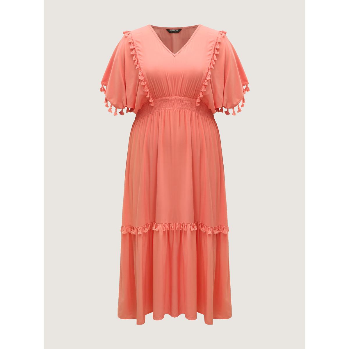 Plus Size Shirred Waist Tassels Tiered Solid Maxi Dress Coral Women V-neck Sleeveless Curvy BloomChic 12/L Product Image