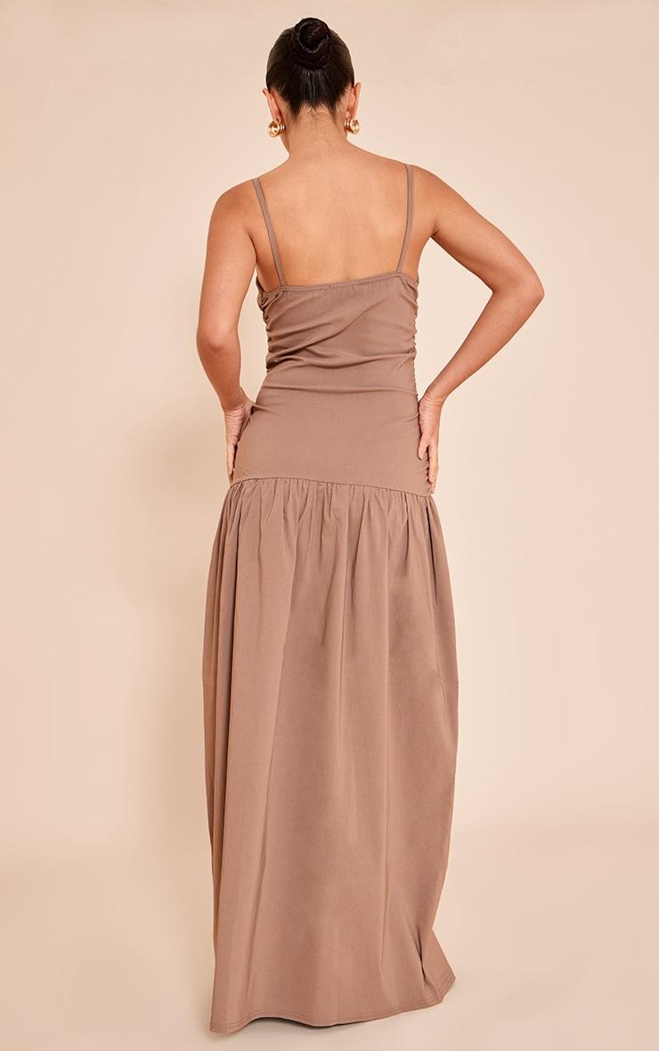 Taupe Stretch Woven Strappy Ruched Maxi Dress Product Image