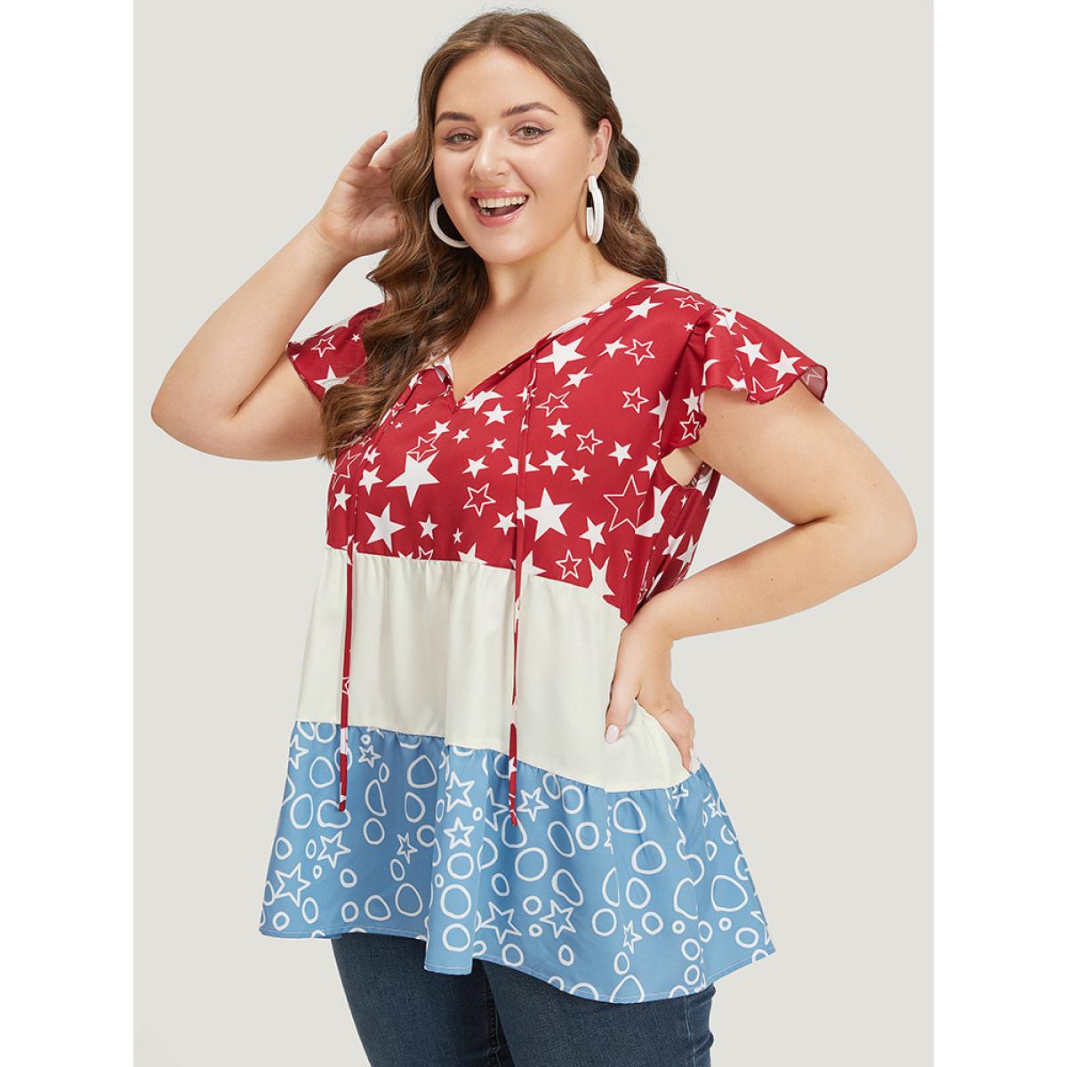 Plus Size Multicolor Star & Geo Graphic Knot Neck Patchwork Blouse Women Elegant Cap Sleeve Tie Neck Dailywear Blouses BloomChic 28/5X Product Image