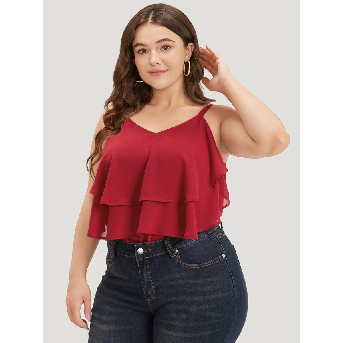 Plus Size Plain Flutter Trim Tiered Cami Bodysuit Women Red Plain Plain Bodysuits BloomChic 30/6X Product Image
