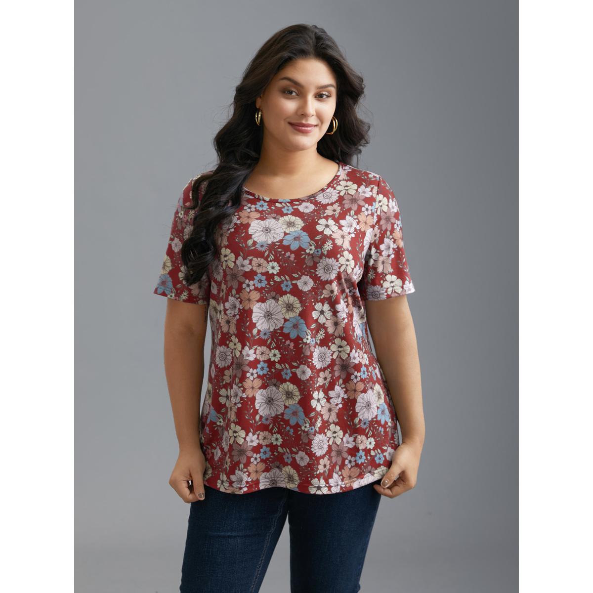 Plus Size Crew Neck Floral Print Stretchy T-Shirt Burgundy Women Leisure Contrast Natural Flowers Round Neck Casual T-shirts BloomChic 18-20/2X Product Image