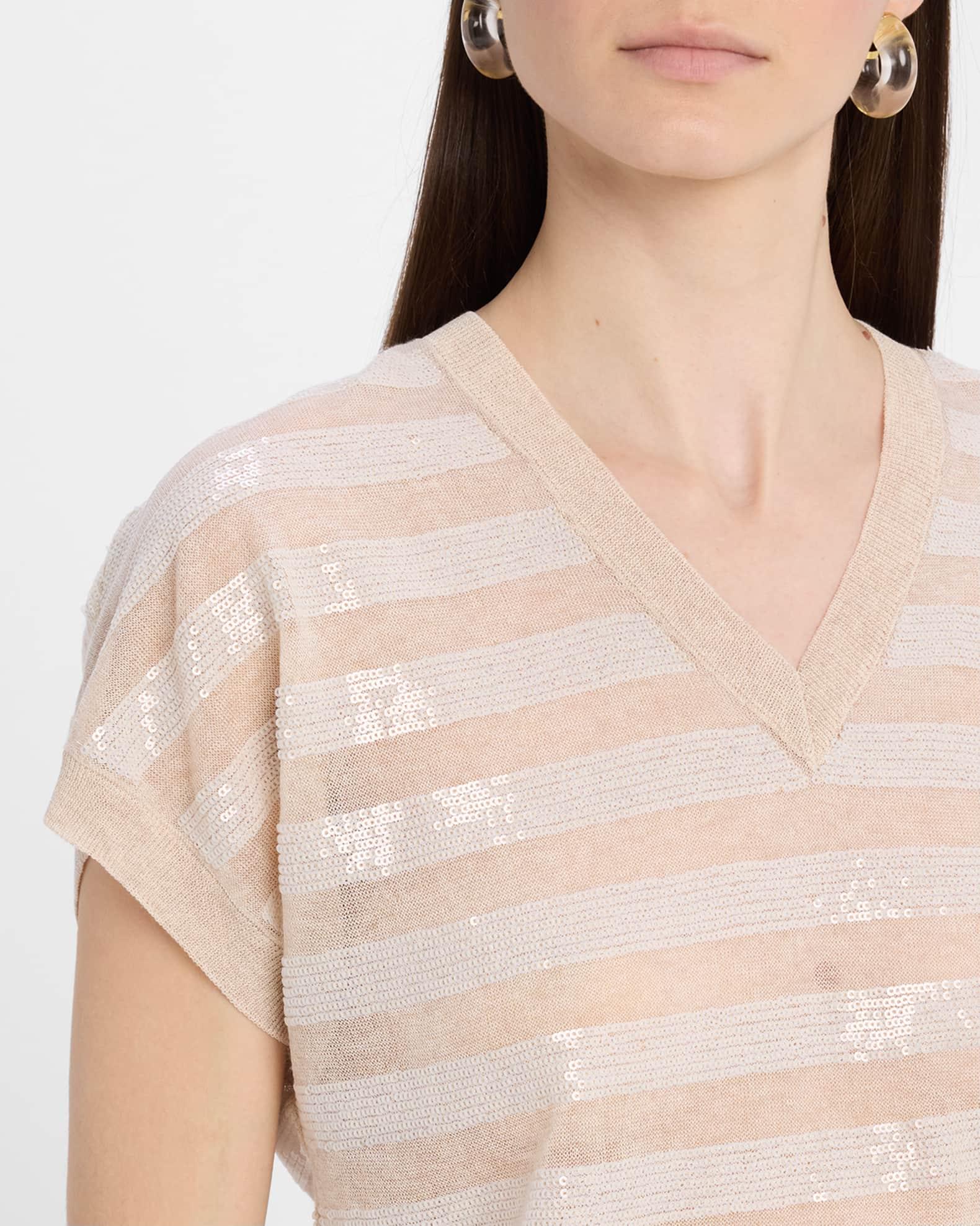 Elara Sequin Striped V-Neck Sweater Product Image