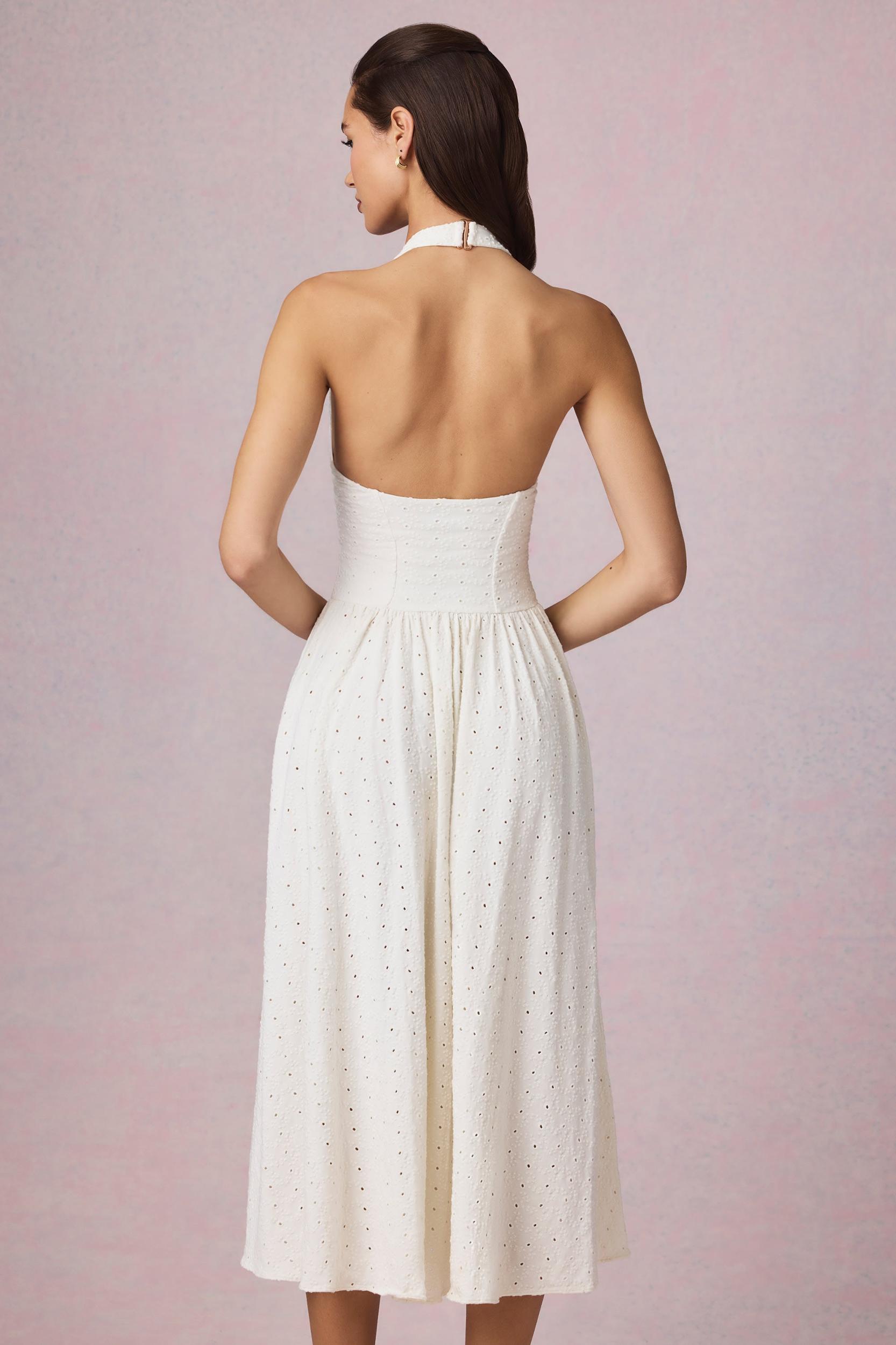 Broderie Anglaise Halterneck Midaxi Dress in White Product Image
