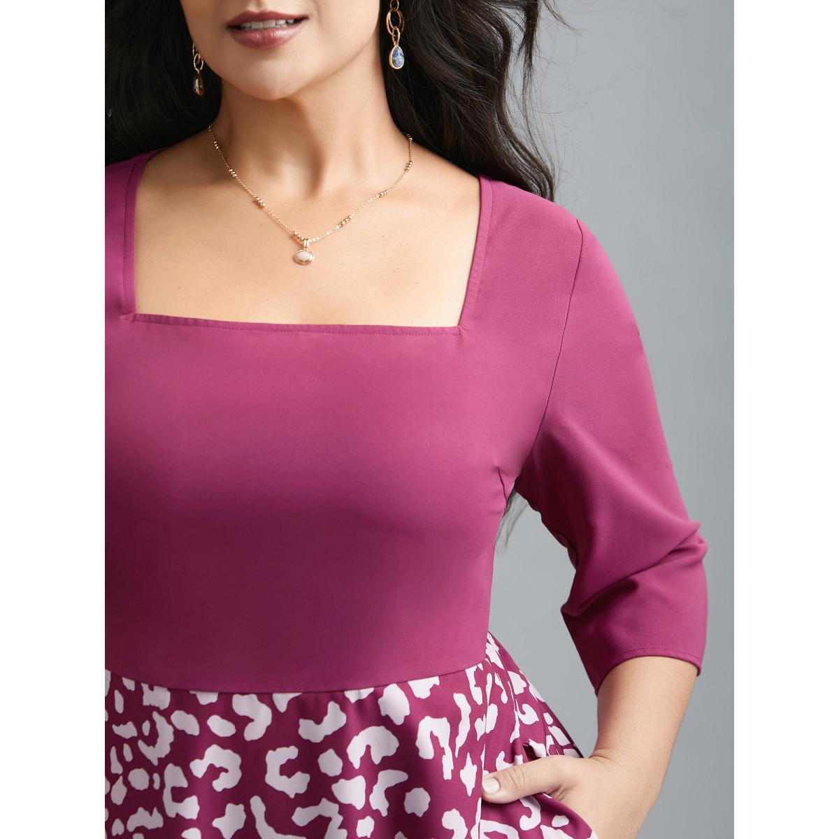 Plus Size Square Neck Contrast Boho Print Midi Dress Deeppurplered Women Elegant Patchwork Square Neck Elbow-length sleeve Curvy BloomChic 22-24/3X Product Image