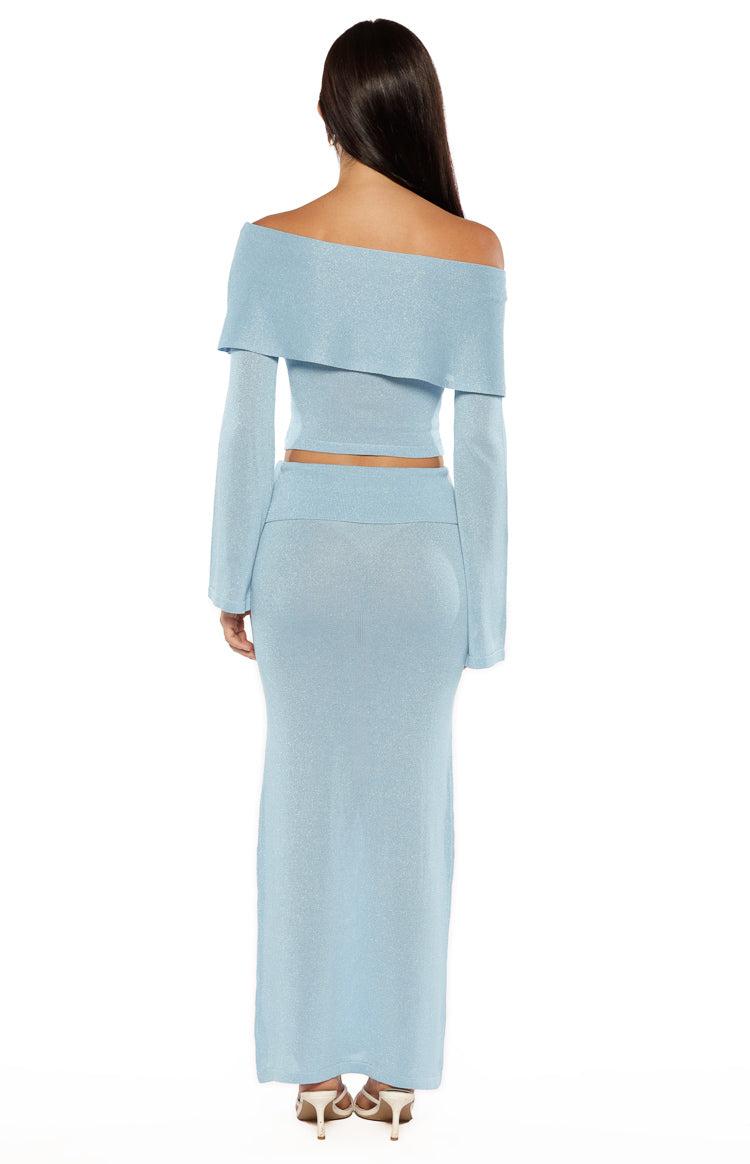 Simona Blue Long Sleeve Off Shoulder Knit Top Product Image