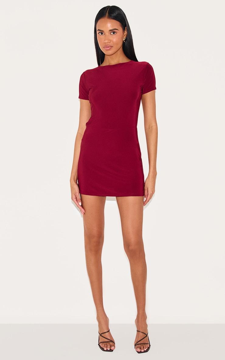 Burgundy Double Layer Cap Sleeve Slinky Skort Romper Product Image