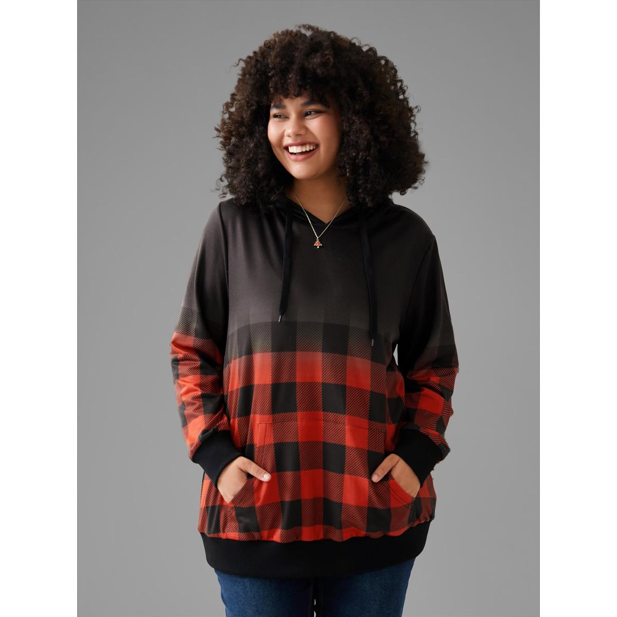 Plus Size Rib Knit Ombre Plaid Pocket Hooded Sweatshirt Women Red Casual Rib Knit Hooded Festival-Christmas Sweatshirts BloomChic 18-20/2X Product Image