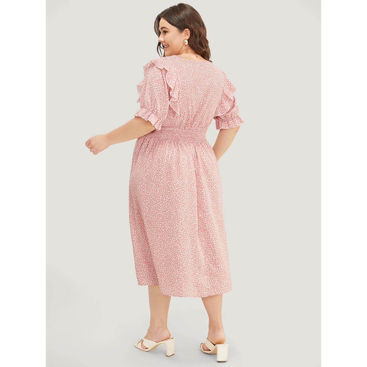 Plus Size Leopard Ruffle Trim Pocket Shirred Puff Sleeve Dress DustyPink Women Elegant Lined V-neck Short sleeve Curvy Midi Dress BloomChic 26/4X Product Image