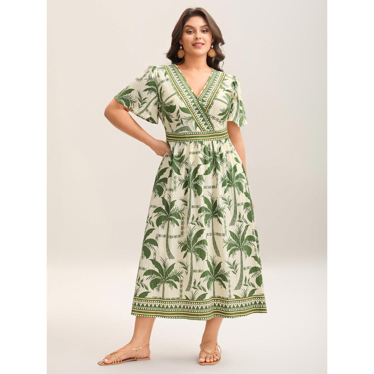 Plus Size Tropical Tree Print Contrast Hem Maxi Dress Moss Women Overlap Collar Short sleeve Curvy BloomChic 28/5X Product Image