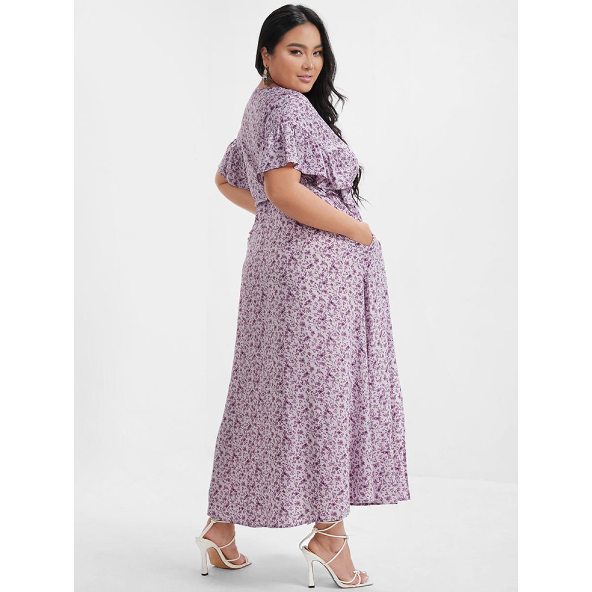 Plus Size Ditsy Floral Ruffles Pocket Button Split Maxi Dress Plum Women Elegant Printed V-neck Cap Sleeve Curvy Long Dress BloomChic 22-24/3X Product Image